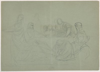 Dibujo, María lavando los pies de Cristo, varios hombres sentados a una mesa; reverso: notas, 1852 de Daniel Huntington