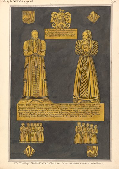 Placa de latón para el Dr. James Goode y su esposa Joan, hija de Edward Clinton, Iglesia de West Drayton de Daniel Lysons