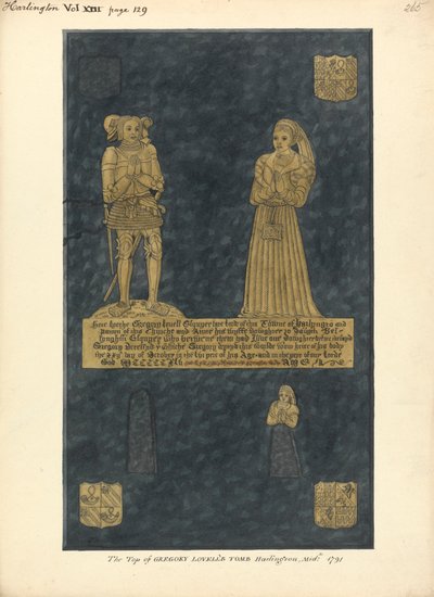 Placa de latón para Gregory Lovell y su esposa Anne, hija de David Bellingham, Iglesia de Harlington de Daniel Lysons
