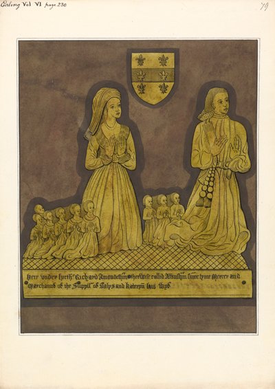 Placa de latón para Richard Amondesham y su esposa Katherine, Iglesia de Ealing de Daniel Lysons