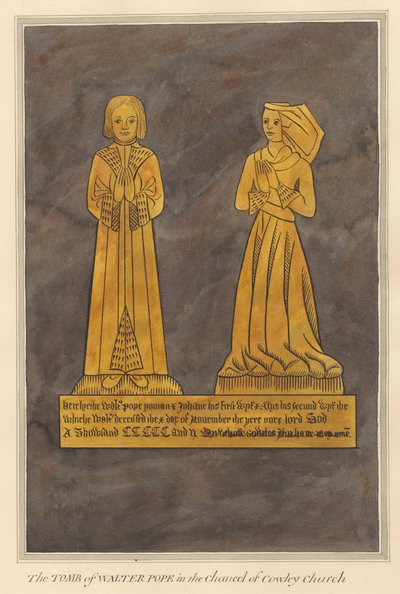 Placa de latón para Walter y Alice Pope y su hijo de la iglesia de Cowley de Daniel Lysons