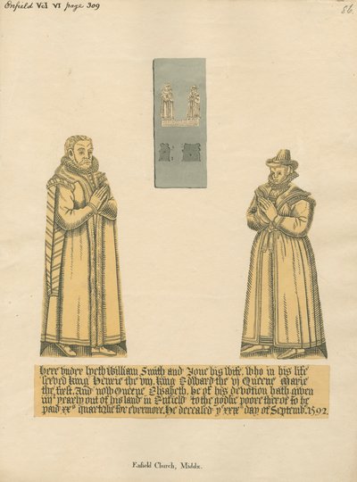 Placa de latón para William y Jane Smith de la iglesia de Enfield de Daniel Lysons