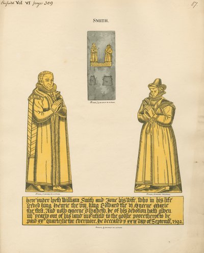 Placa de latón para William y Jane Smith de la iglesia de Enfield de Daniel Lysons