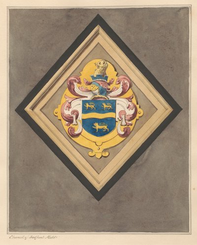 Escudo de armas en el coro de la iglesia de Bedfont de Daniel Lysons