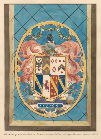 Escudo de armas en la vidriera detrás del púlpito de la iglesia de Hanworth de Daniel Lysons