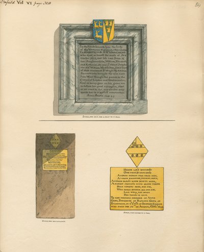 Conmemoración a Elizabeth Grene también de Anne Grey de la iglesia de Enfield de Daniel Lysons