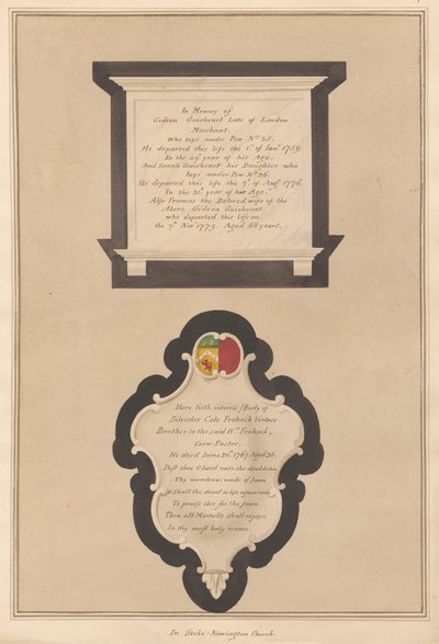 Conmemoración de Gideon y Frances Guichenet y de su hija Sarah, así como de Silvester Cote de Daniel Lysons