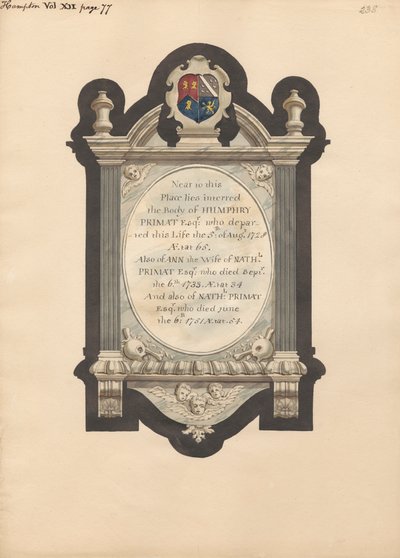 Monumento a Humphry Primat, Nathaniel y Ann Primat de la iglesia de Hampton de Daniel Lysons
