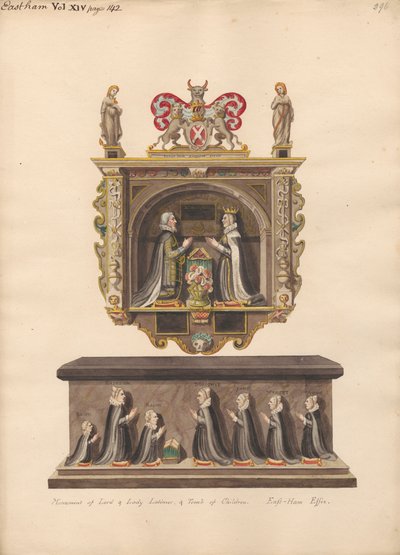 Monumento a Lord y Lady Latimer y tumba de los niños Ralph, Katherin, Ralph, Dorothye, Jane, Margaret y Anne de la iglesia de East Ham. de Daniel Lysons
