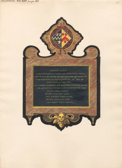 Monumento a Mary Heigham de la iglesia de East Ham de Daniel Lysons