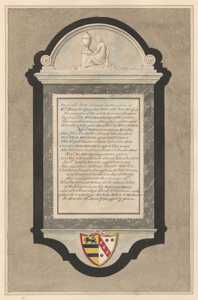 Conmemoración a la Sra. Mary Gregory, Caroline Gregory, John Gregory, Abigail Gregory, William Gregory, Mary Abigail Gregory, seis hijos: Charlotte, Louisa, Georgina, Michael, Emma y George Gregory y Charles John Gregory de la Iglesia de Cranford de Daniel Lysons