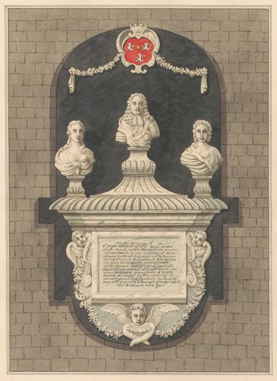 Monumento a Sir John Benett y sus esposas Elizabeth y Bridget de la iglesia de Harlington de Daniel Lysons