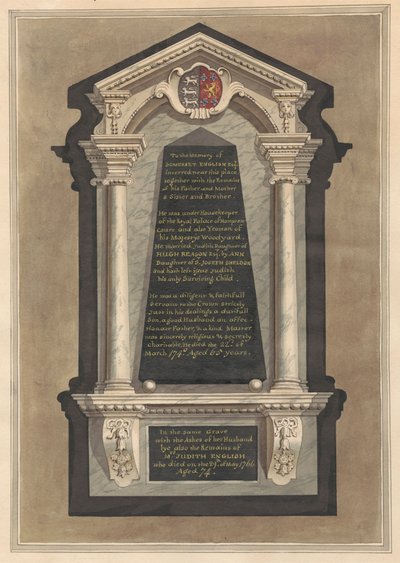 Memorial a Somerset English, su esposa Judith, su madre, su padre, una hermana y un hermano de Hampton Church de Daniel Lysons