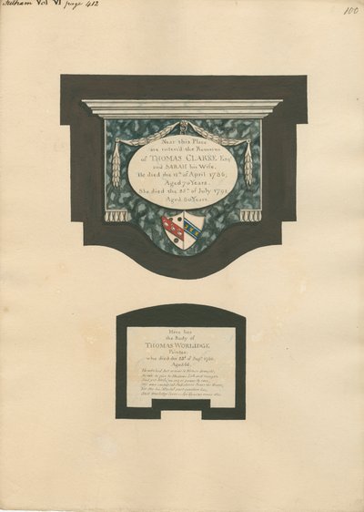 Monumento conmemorativo a Thomas Clarke y su esposa Sarah y Thomas Worlidge de la iglesia de Fulham de Daniel Lysons