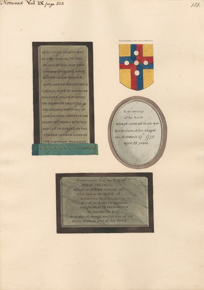Conmemoraciones a Xpofer y Agnes Merick, George Charles Black, y Sarah Horsnell, Elizabeth Ascough, y George Merick de Daniel Lysons