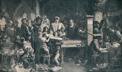 Caxton mostrando el primer espécimen de su impresión al Rey Eduardo IV, c1858, 1911 de Daniel Maclise
