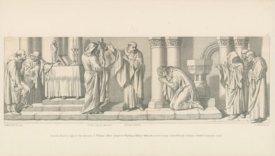 Harold, a punto de oponerse a la invasión de Guillermo, ofrece una oración en la Abadía de Waltham, cuando la imagen sagrada se inclina milagrosamente hacia adelante desde la cruz de Daniel Maclise