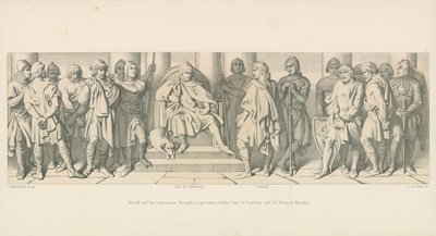 Harold y sus compañeros, llevados como prisioneros ante Guy de Ponthieu y sus caballeros normandos de Daniel Maclise