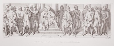 Harold y sus compañeros llevados, como prisioneros, ante Guy de Ponthieu y sus caballeros normandos, de 
