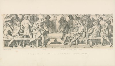 Harold conquistador en Stamford, y herido, se sienta en un banquete en York. Un heraldo anuncia el desembarco del Duque Guillermo de Daniel Maclise