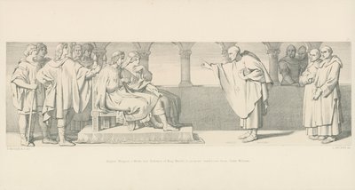 Hugues Maigrot, un monje, tiene audiencia con el Rey Harold, para proponer condiciones del Duque Guillermo de Daniel Maclise