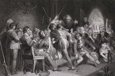 El Salón de Glennaquoich - una Fiesta de las Tierras Altas, grabado por P. Lightfoot, de 