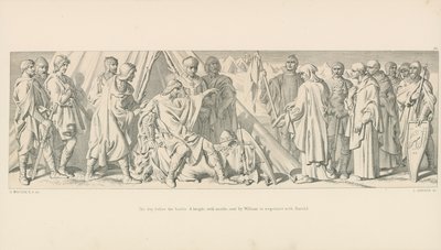 El día antes de la batalla. Un caballero, con monjes, enviado por Guillermo a negociar con Harold de Daniel Maclise