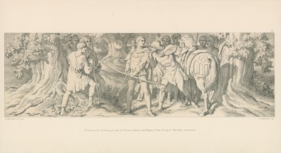 Guillermo, en su terreno de caza en Ruan, recibe noticias de Tostig sobre la coronación de Harold de Daniel Maclise