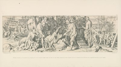 William tropieza al aterrizar, pero, agarrando la tierra con la mano, proclama que así toma posesión del suelo inglés, y así tranquiliza a sus seguidores, que consideraban su caída como un mal presagio de Daniel Maclise