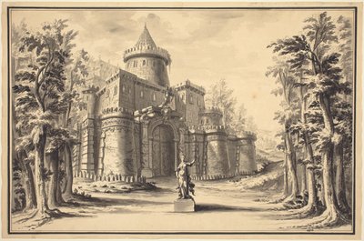 Un escenario con una estatua y un palacio de Daniel Marot the Younger