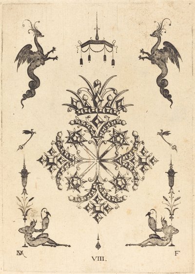 Broche con animales fantásticos en la parte superior y faunos con jarrones en la parte inferior de Daniel Mignot