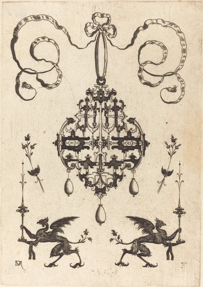 Gran Colgante, Inferior Izquierda y Derecha Dos Grifos Llevando Candelabros de Fantasía de Daniel Mignot
