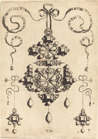 Colgante con dos cruces dobles, rodeado de cuatro piedras en forma de diamante, cinco piedras de mesa y trece perlas de Daniel Mignot