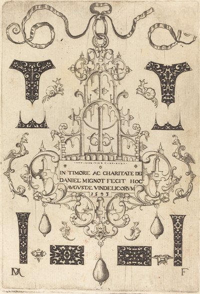 Página de título: Colgante, rodeado por ocho pequeños clavos de Daniel Mignot