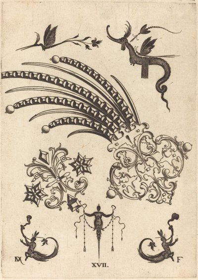 Dos broches con dragón e insectos arriba y seres humanos con colas de serpiente abajo de Daniel Mignot