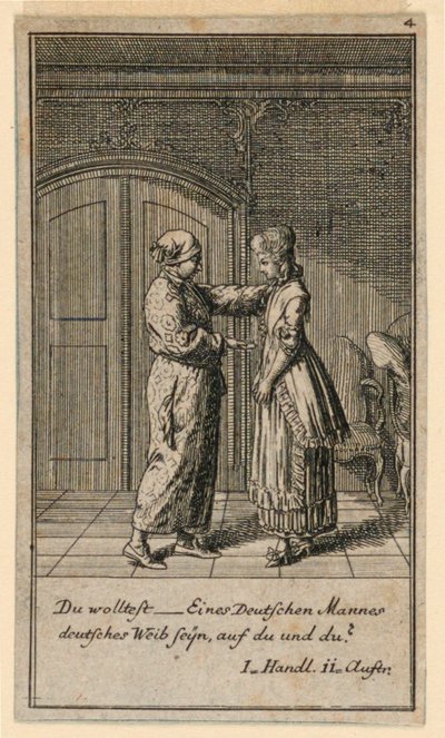 Un padre o tutor hablando con una niña, ilustración de la obra "Nicht mehr als sachs Schuesseln" de Fredrich Wilhelm Grossman en "Königl: Grosbrit [anische] Genealogischer Kalender auf das 1782 Jahr Lauenberg bey J.G. Berenberg" de Daniel Nikolaus Chodowiecki