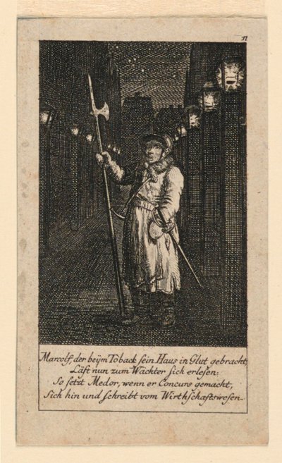 Un vigilante nocturno, ilustración para "Königl: Grosbrit [anische] Genealogischer Kalender auf das 1780 Jahr Lauenberg bey J.G. Berenberg" de Daniel Nikolaus Chodowiecki
