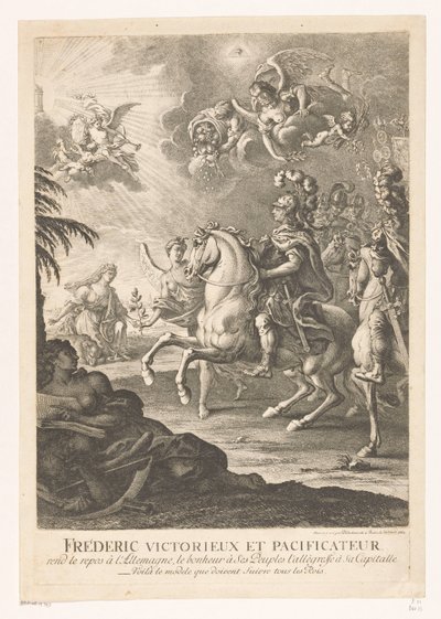 Representación alegórica con Federico el Grande a caballo Fréderic victorieux et pacificateur (...) (título sobre objeto) de Daniel Nikolaus Chodowiecki