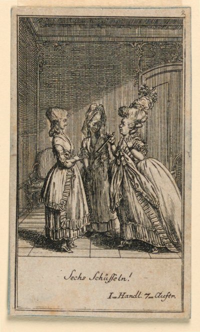 Una Mujer Anciana Regañando a una Chica, Ilustración de la Obra "Nicht mehr als sachs Schuesseln" de Fredrich Wilhelm Grossman en "Königl: Grosbrit [anische] Genealogischer Kalender auf das 1782 Jahr Lauenberg bey J.G. Berenberg" de Daniel Nikolaus Chodowiecki
