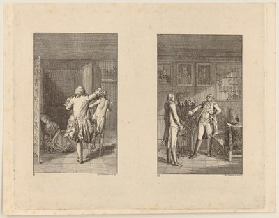 El barón expulsa a Cándido del castillo [izquierda]; Cándido, Cunegunda y la anciana ante el gobernador de Buenos Aires [derecha] de Daniel Nikolaus Chodowiecki