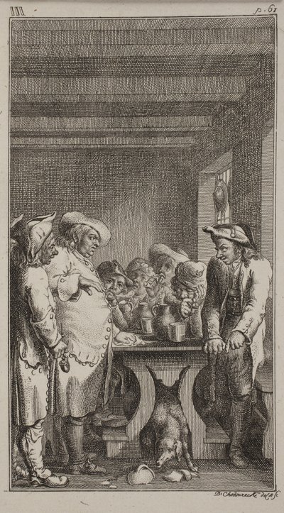 El perro del esquilador lame el agua teñida, de un recipiente roto bajo la mesa, alrededor de la cual se sientan 4 campesinos, y 3 están de pie, fumando tabaco y bebiendo. ob. III, p. 61. de Daniel Nikolaus Chodowiecki