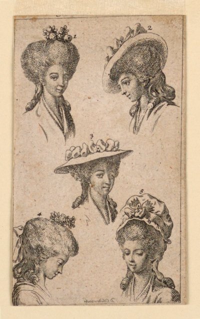 Cinco Sombreros, como los Usados por Mujeres de Berlín, Ilustración para "Königl: Grosbrit [anische] Genealogischer Kalender auf das 1783 Jahr Lauenberg bey J.G. Berenberg" de Daniel Nikolaus Chodowiecki