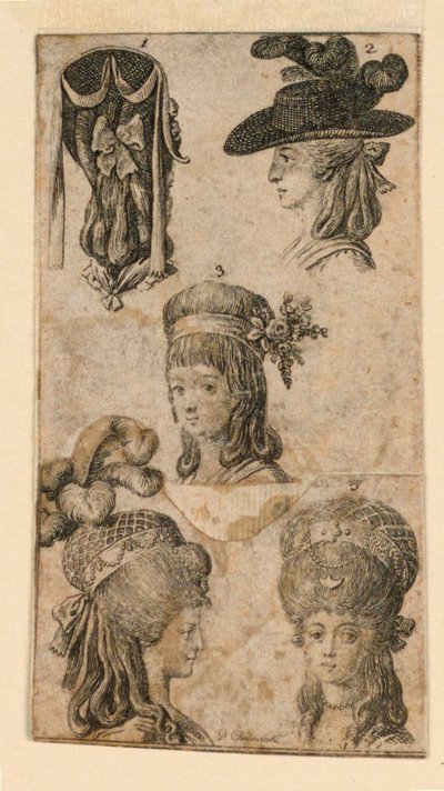 Cinco tocados para mujeres, dos fragmentos de ilustraciones para "Calendario genealógico real británico para el año 1781 Lauenberg por J.G. Berenberg" de Daniel Nikolaus Chodowiecki