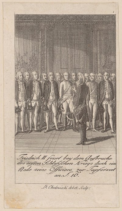 Federico II anima a sus oficiales a la valentía con un discurso al estallar la primera guerra de Silesia de Daniel Nikolaus Chodowiecki