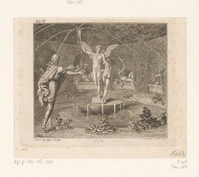 Idris extiende sus brazos a una mujer desnuda junto a la fuente del amor. de Daniel Nikolaus Chodowiecki