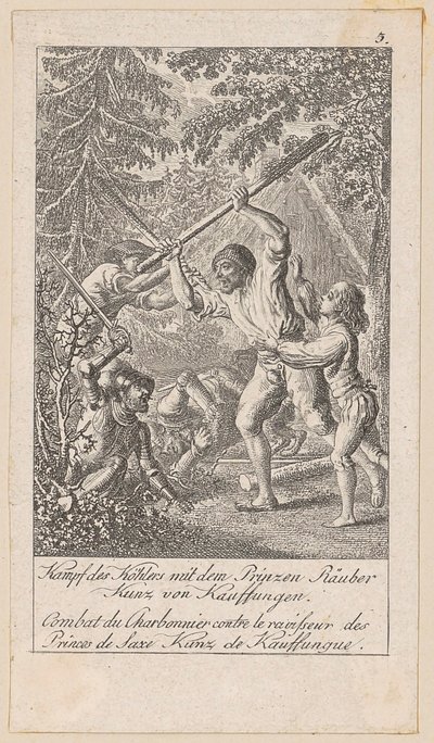 La lucha del carbonero con el ladrón príncipe, lámina 5 de la serie «Historia antigua, medieval y moderna» de Daniel Nikolaus Chodowiecki