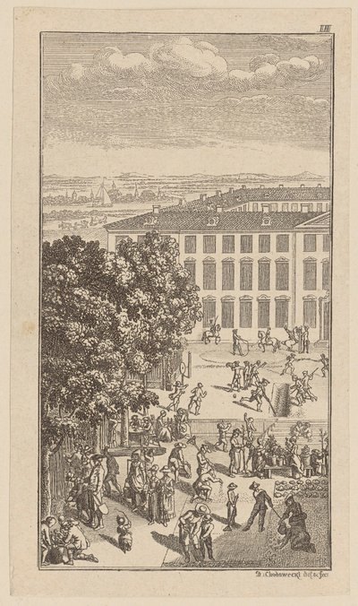 Edificio del seminario, con ejercicios gimnásticos y trabajos de jardinería delante de Daniel Nikolaus Chodowiecki