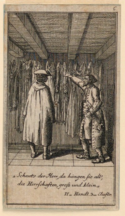 El comerciante de disfraces, ilustración de la obra "Nicht mehr als sachs Schuesseln" de Fredrich Wilhelm Grossman en "Königl: Grosbrit [anische] Genealogischer Kalender auf das 1782 Jahr Lauenberg bey J.G. Berenberg" de Daniel Nikolaus Chodowiecki