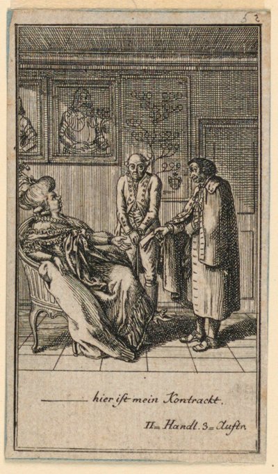 La anciana contrata a un hombre, Ilustración de la obra "Nicht mehr als sachs Schuesseln" de Fredrich Wilhelm Grossman en "Königl: Grosbrit [anische] Genealogischer Kalender auf das 1782 Jahr Lauenberg bey J.G. Berenberg" de Daniel Nikolaus Chodowiecki