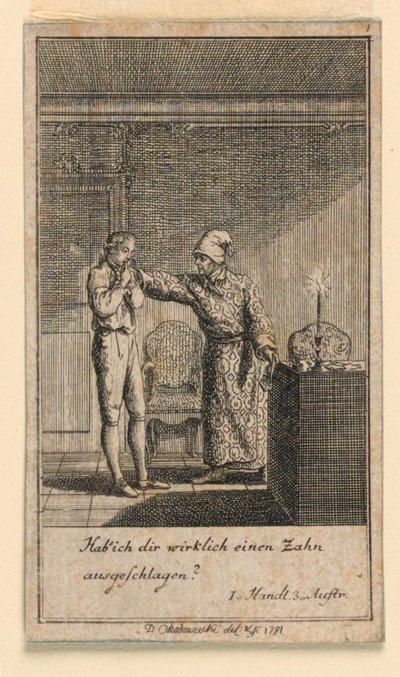 La bofetada, Ilustración de la obra "Nicht mehr als sachs Schuesseln" de Fredrich Wilhelm Grossman en "Königl: Grosbrit [anische] Genealogischer Kalender auf das 1782 Jahr Lauenberg bey J.G. Berenberg" de Daniel Nikolaus Chodowiecki
